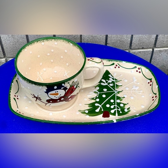 1998 Vintage Expressly Yours Green Sponge Trim Snowman Plate & Mug Set - Picture 2 of 12